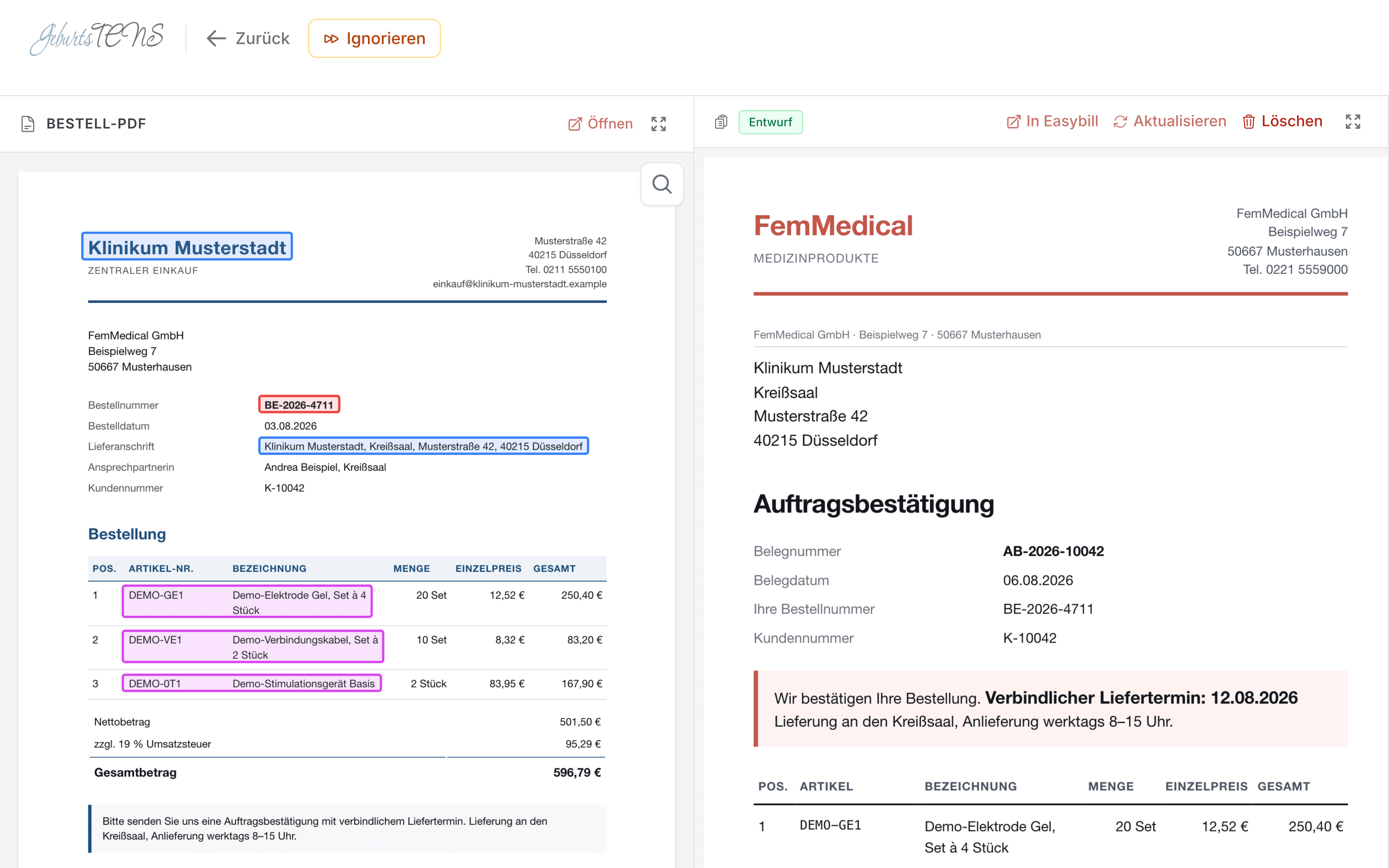 Axon Flow: erkannte Bestellung mit gelesenen Feldern
